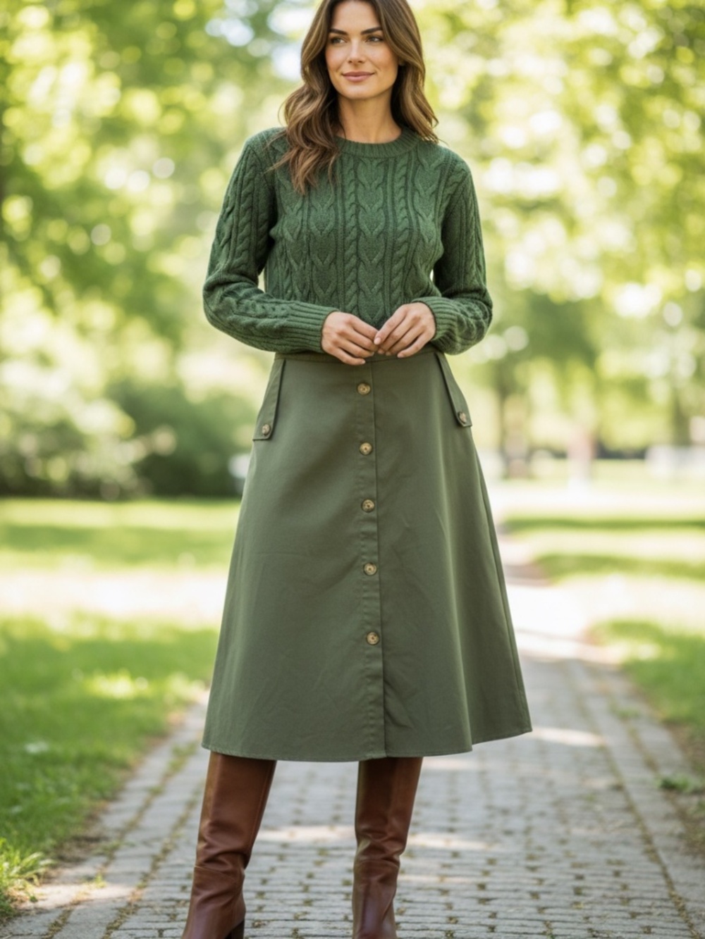 Olive green skirt with pockets M - Picture 2 of 9